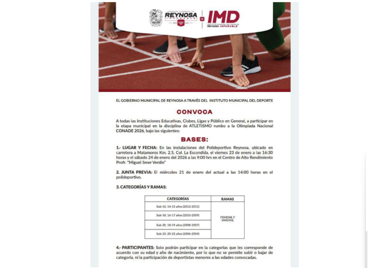 Convoca el Gobierno de Reynosa a la Eleminatoria de Atletismo