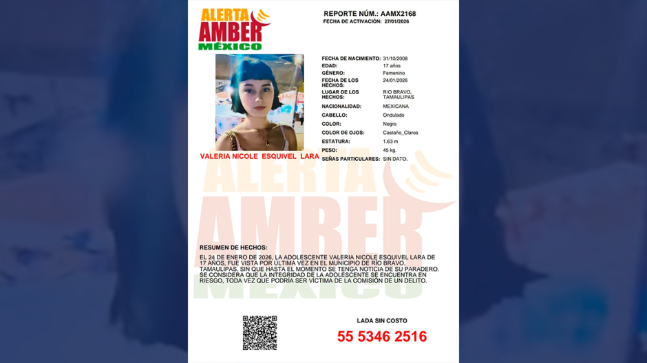 Activan Alerta AMBER Nacional por la desaparición de Valeria Nicole Esquivel Lara en Río Bravo