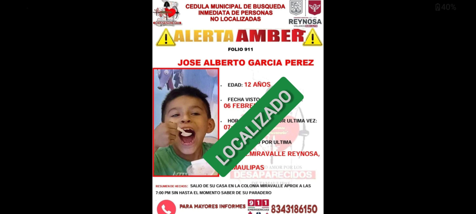 Se desactiva Alerta Amber: Menor es encontrado tras reporte de desaparición en Reynosa