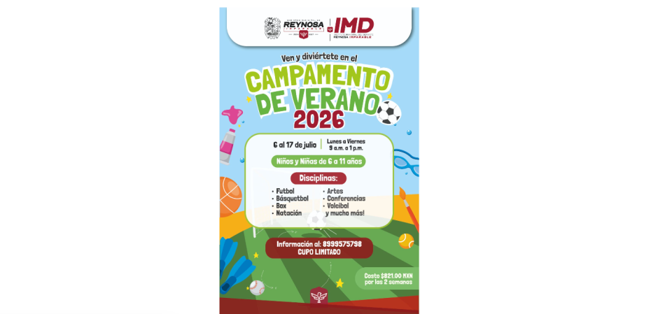 Invita el Gobierno de Reynosa al Campamento de Verano 2026 del Polideportivo