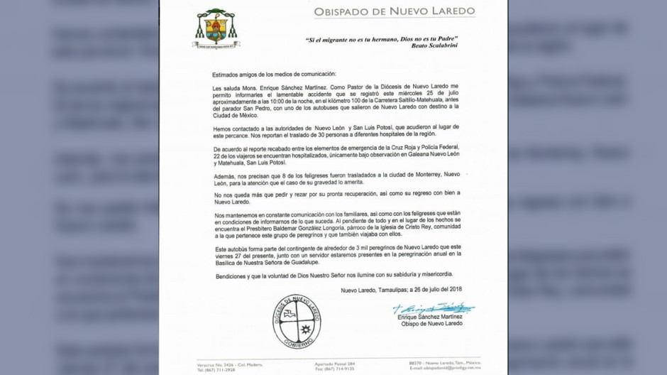 Obispo de Laredo informa sobre accidente de feligreses