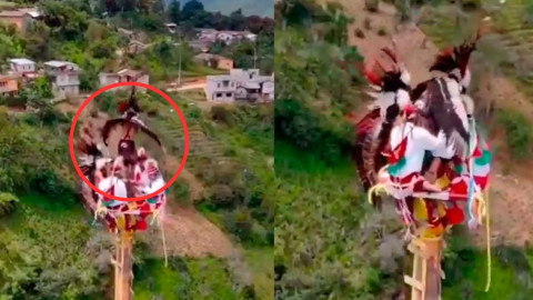 Entre el cielo y el susto: volador de Papantla evita caída en Feria de la Manzana