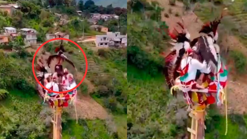 Entre el cielo y el susto: volador de Papantla evita caída en Feria de la Manzana