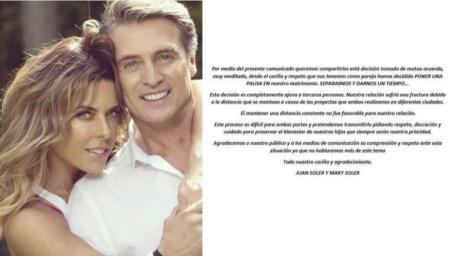 Anuncian su separación Juan Soler y Maki