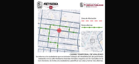 Aviso de cierre temporal de vialidad, H. Deandar Amador y Doctor González 