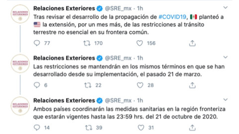 Extienden hasta el 21 de octubre cierre parcial de frontera entre México y EU