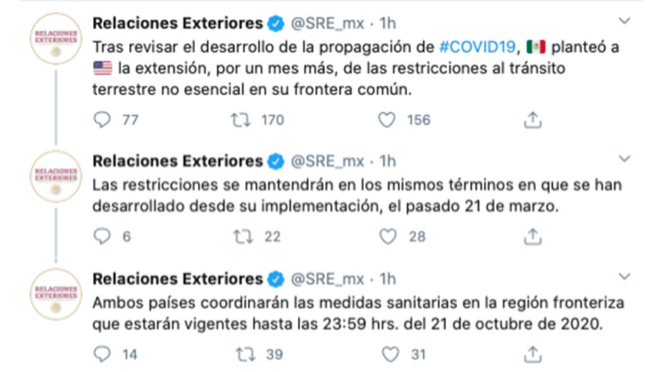 Extienden hasta el 21 de octubre cierre parcial de frontera entre México y EU