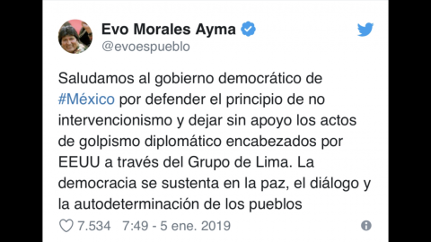 Felicita Evo Morales a AMLO por no firmar el decreto del Grupo de Lima