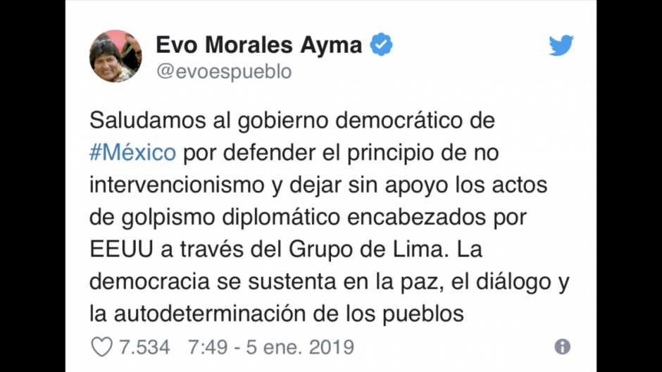 Felicita Evo Morales a AMLO por no firmar el decreto del Grupo de Lima