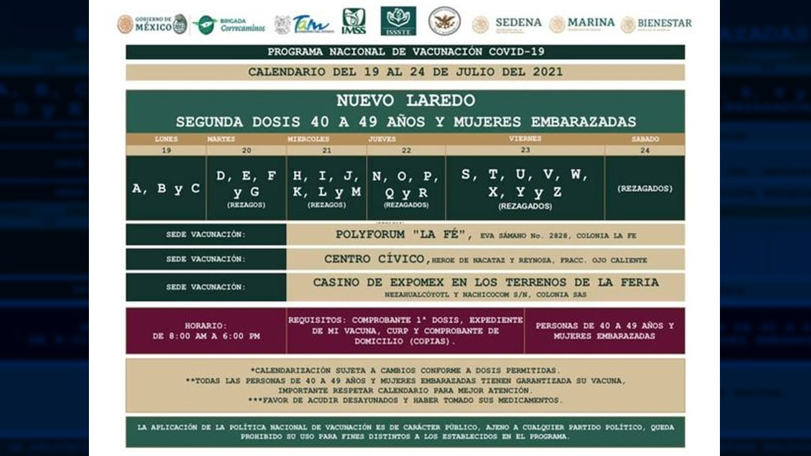 Inicia aplicación de la segunda dosis de vacuna antiCovid para adultos de 40 a 49 años en Reynosa, Nvo Laredo, Matamoros y Río Bravo 