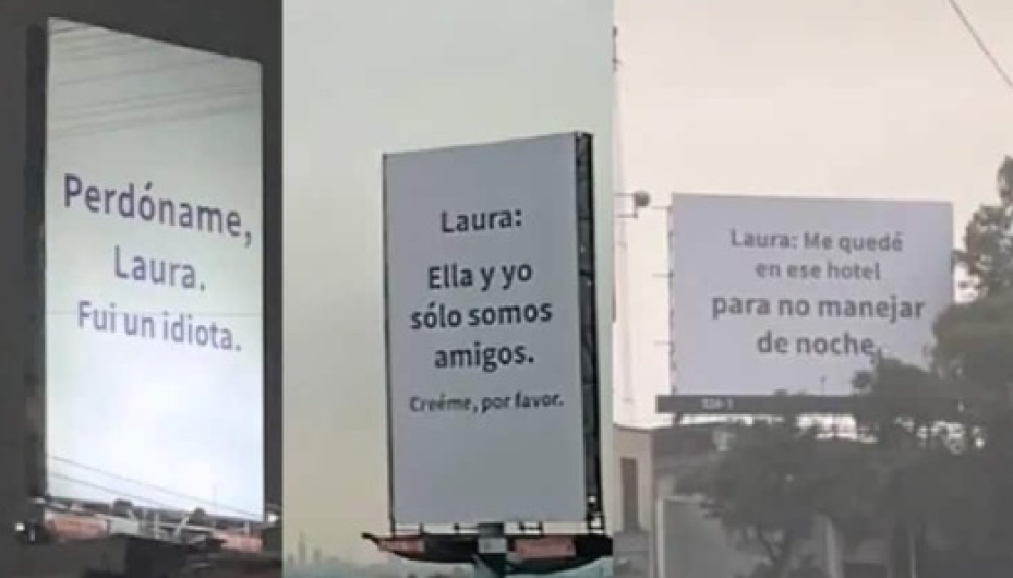 Novio alquila paneles para pedirle perdón a su pareja