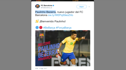 El Barcelona hace oficial el fichaje de Paulinho Bezerra