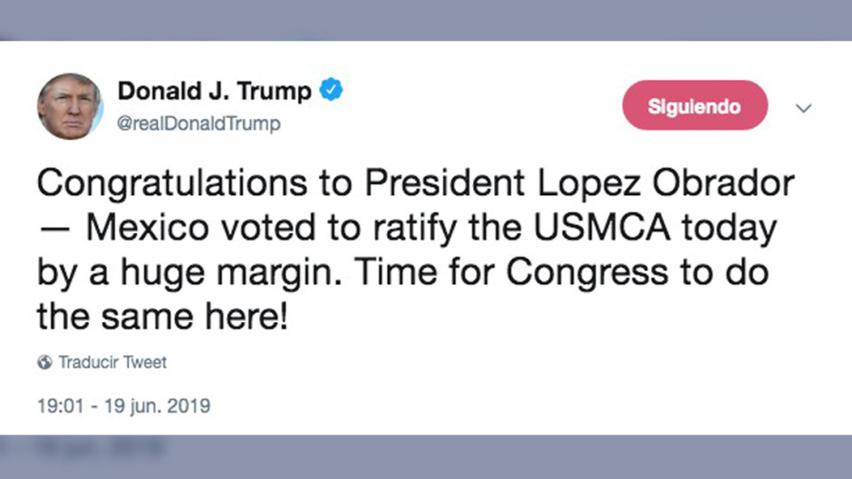 Trump felicita a AMLO por ratificación de T-MEC