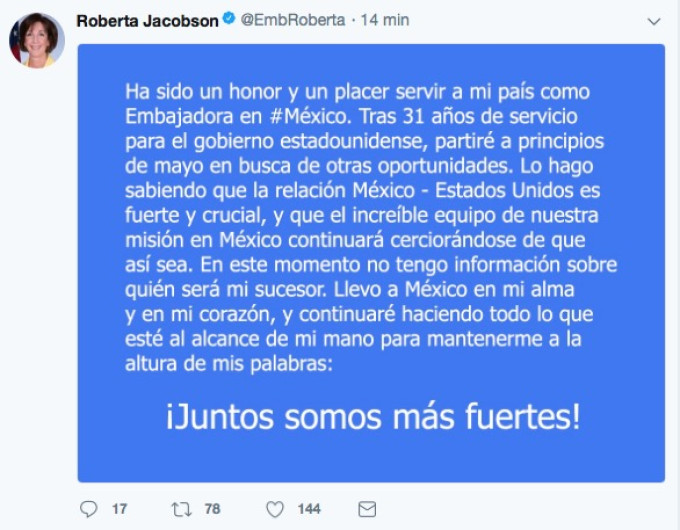 Presenta su renuncia Roberta Jacobson como embajadora de EU en México