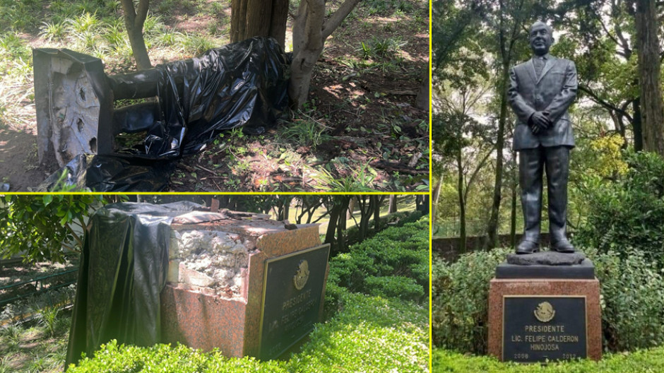 Árbol caído derriba estatua de Felipe Calderón en CDMX; sigue en el suelo días después