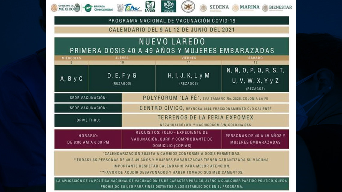 Nuevo Laredo y 9 municipios arrancan esta semana vacunación contra COVID-19 de 40-49 años 