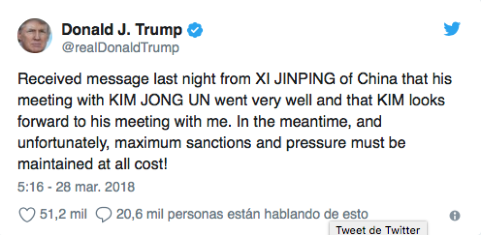 Trump afirma que presidente chino espera reunión con él