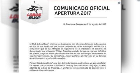 Toma medidas Lobos BUAP sobre pelea donde se involucraron Julián Quiñones y William Palacios