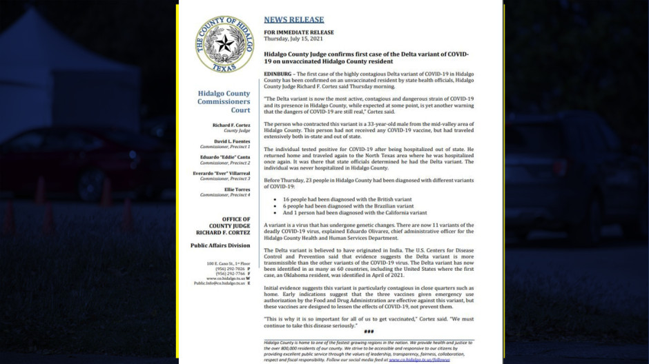 Confirma Condado de Hidalgo primer caso de la variante Delta