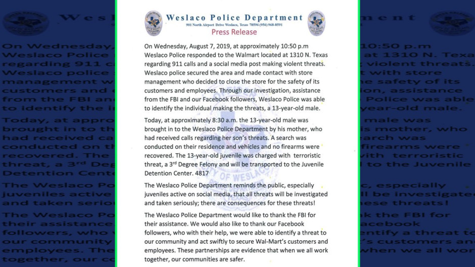 Policía de Weslaco acusa a menor de edad en el caso de amenaza de Walmart