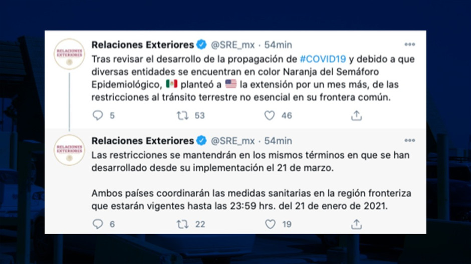 Extienden hasta el 21 de enero cierre parcial de frontera entre México y EU