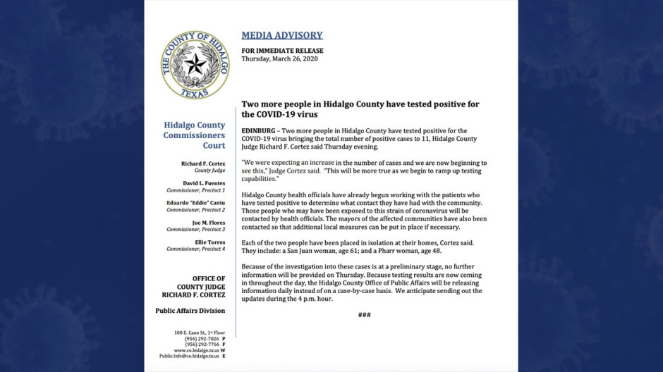 Suman 11 casos de coronavirus en el Condado de Hidalgo 