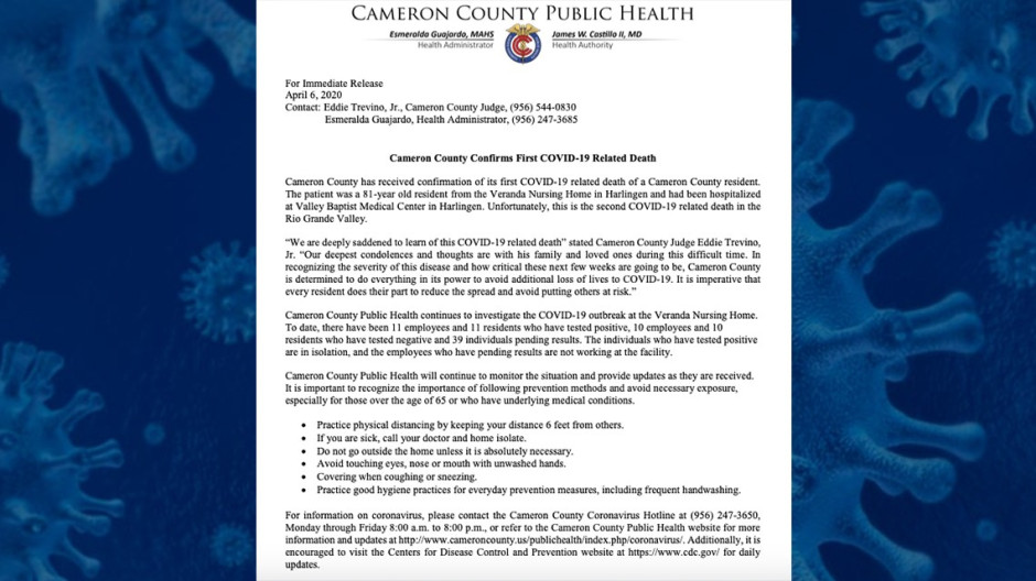 Se registra la primera muerte por covid-19 en el Condado de Cameron 