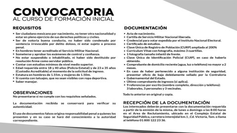Ofrecen vacantes para Policía Estatal