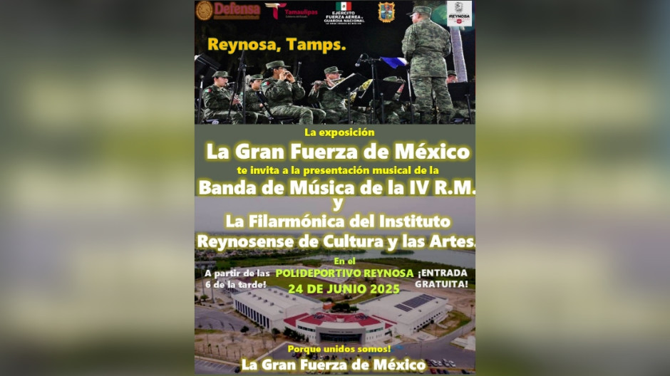 Concierto gratuito en Reynosa reúne a la IV Región Militar y a la Filarmónica del IRCA