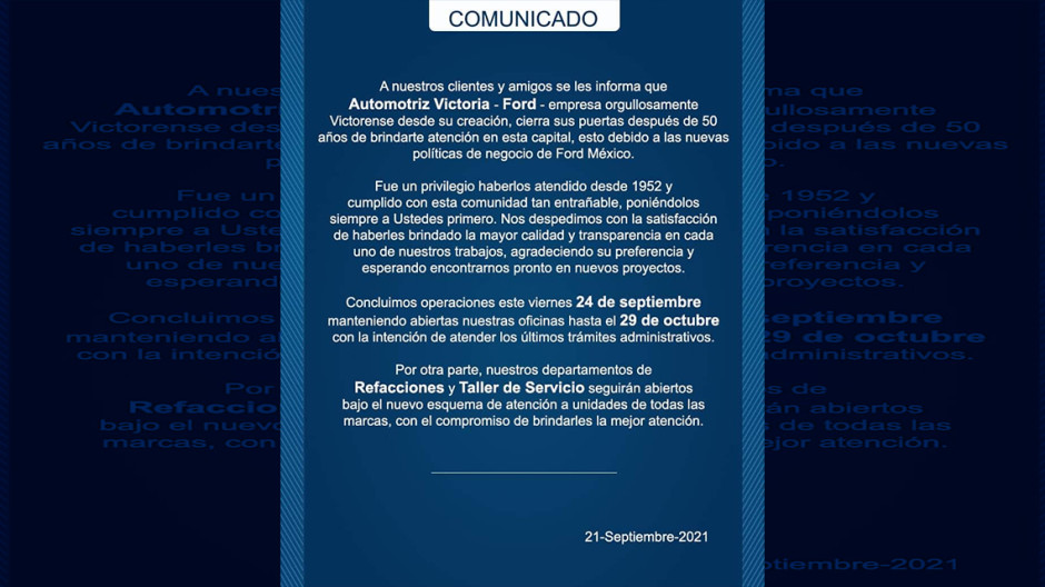 Ford anuncia el cierre de su sucursal en Ciudad Victoria 