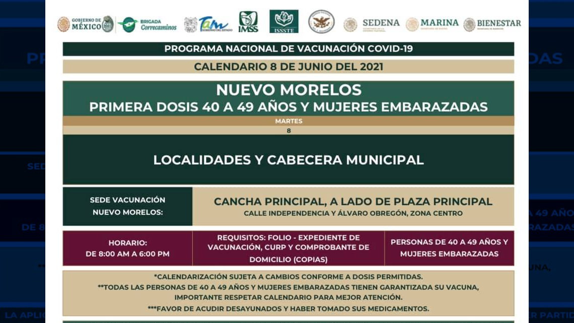 El 7 de junio iniciará vacunación anticovid para adultos de 40 a 49 años en Rio Bravo