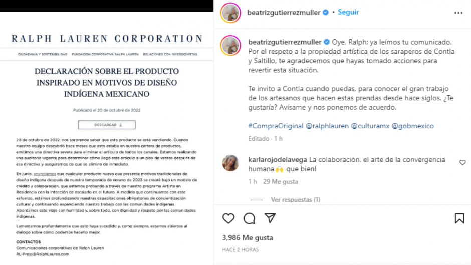 Ralph Lauren se disculpa tras ser acusado de "plagio" de diseño textil mexicano; Beatriz Gutiérrez los invita a México 
