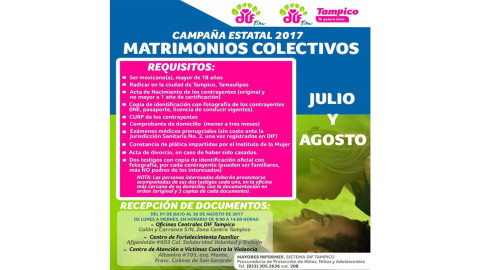 Invitan a participar en campaña de matrimonios colectivos en Tampico