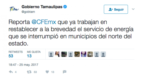 Restablece CFE suministro de energía