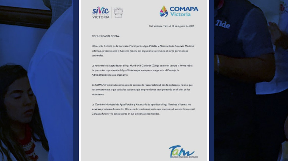 Renuncia Salomón Martínez a gerencia de COMAPA Victoria tras 10 meses de servicio