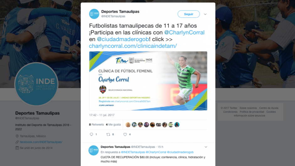 Invitan a futbolistas tamaulipecas a participar en las clínicas con Charlyn Corral