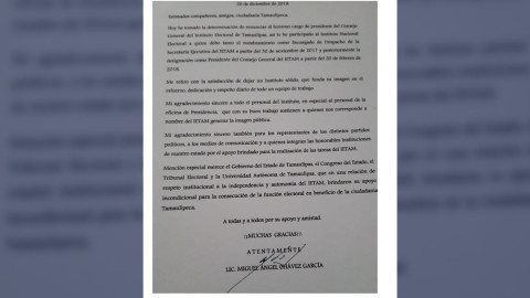 Presidente del IETAM presenta su renuncia