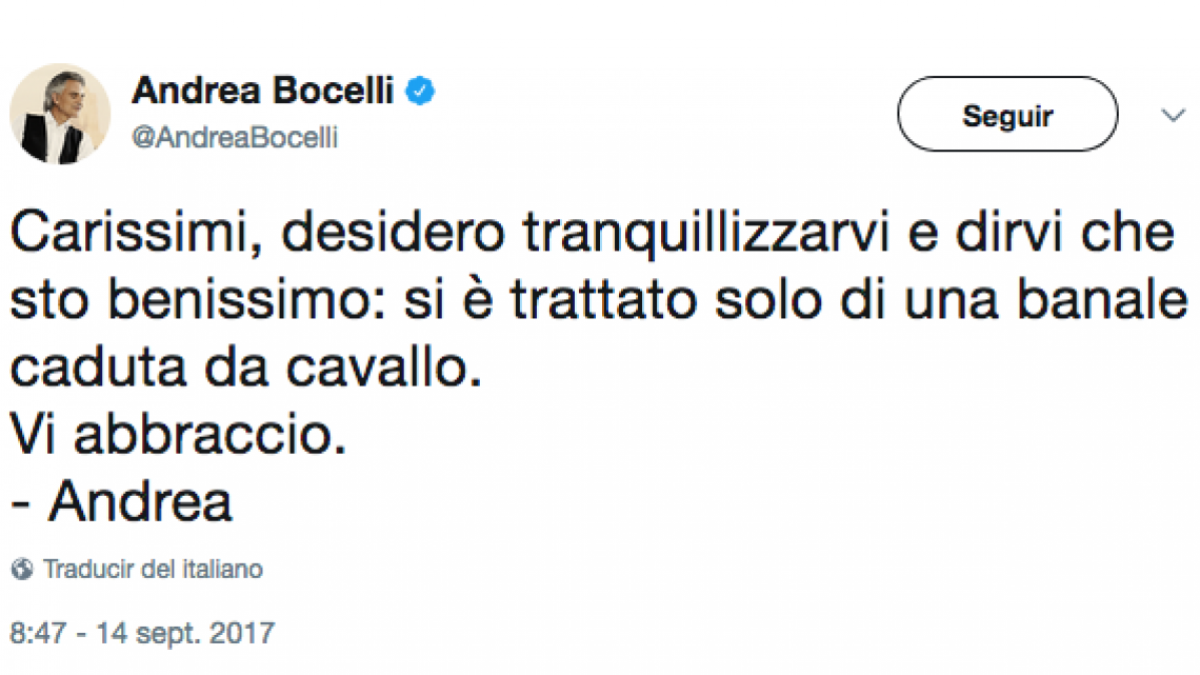 Hospitalizan a Andrea Bocelli