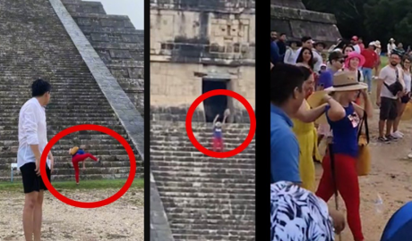 Mujer se sube y baila en la pirámide de Kulkulkán en Chichén Itzá 