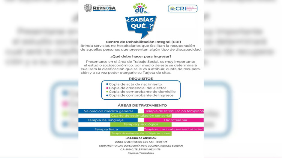 Centro de Rehabilitación Integral a la disposición de los reynosenses