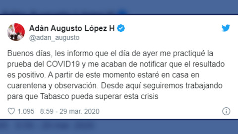 Gobernador de Tabasco da positivo a COVID-19