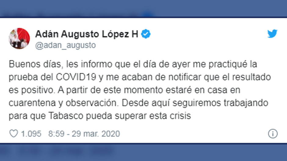 Gobernador de Tabasco da positivo a COVID-19