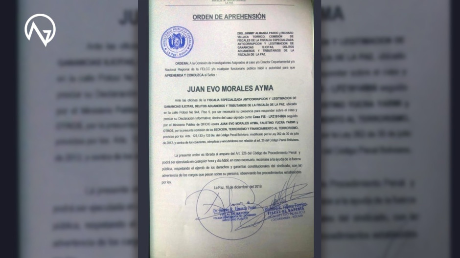 Gobierno interino de Bolivia gira orden de aprehensión contra Evo Morales