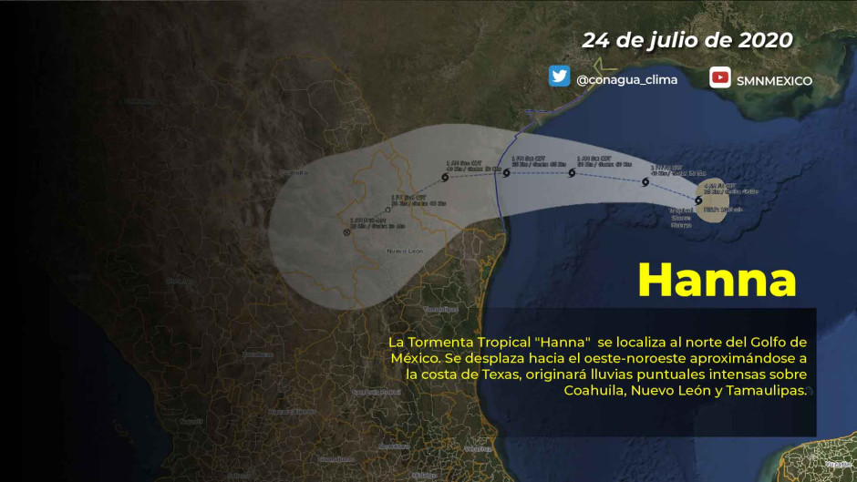 “Hanna” ocasionará lluvias en Tamaulipas, Nuevo León y Coahuila