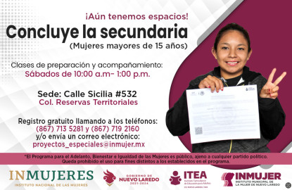 Mantiene INMUJER convocatoria abierta de  Educación Secundaria para mujeres mayores de 15 años