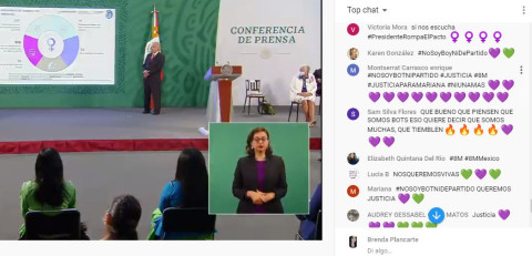 Mujeres se manifiestan, de manera virtual, en el chat de la conferencia matutina de AMLO 