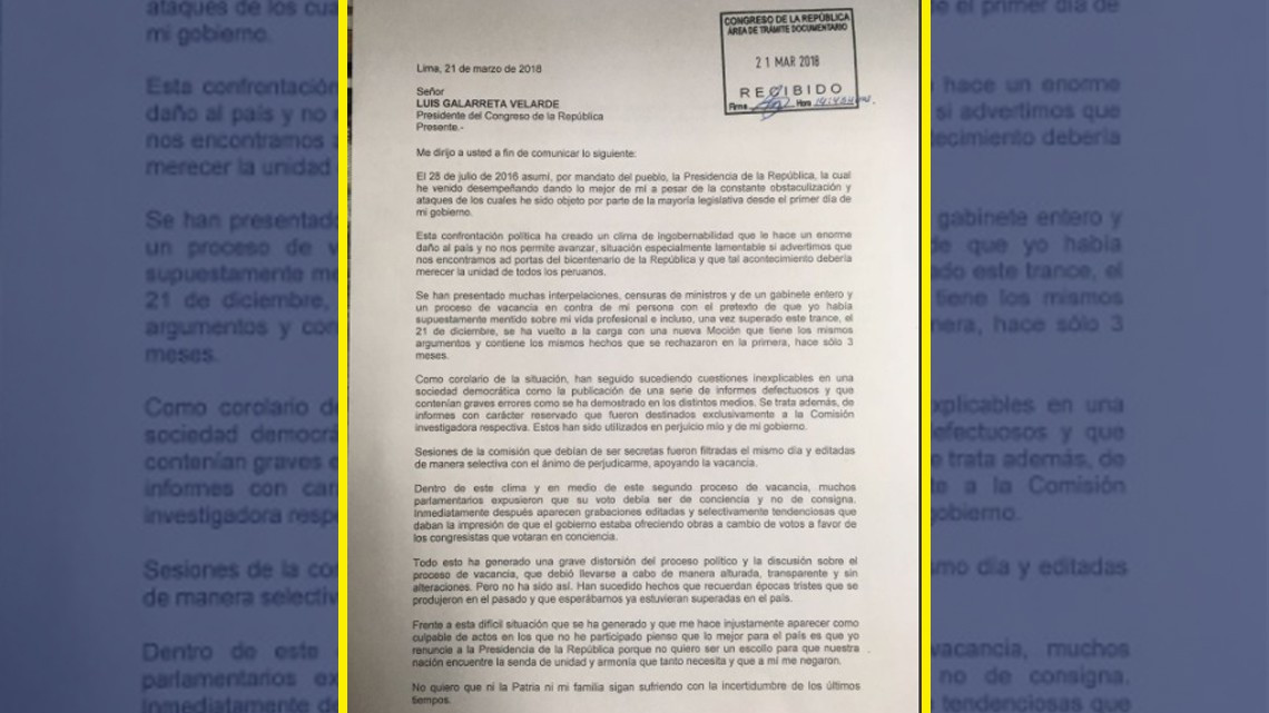 Presidente de Perú presenta su renuncia