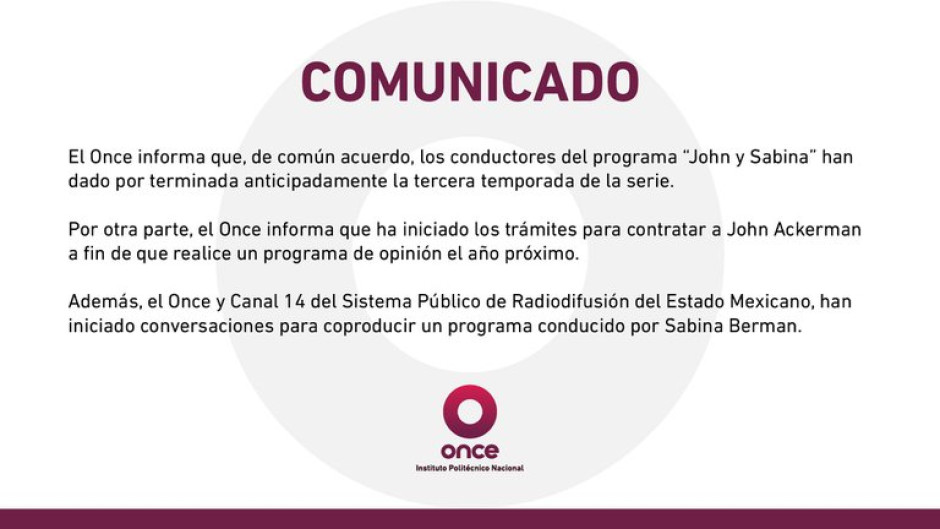 Canal Once confirma fin de “John y Sabina”; Ackerman tendrá nuevo programa 