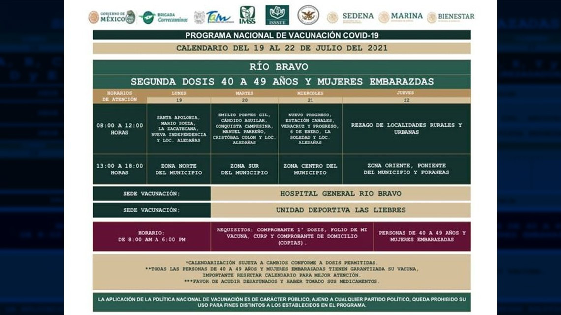 Inicia aplicación de la segunda dosis de vacuna antiCovid para adultos de 40 a 49 años en Reynosa, Nvo Laredo, Matamoros y Río Bravo 