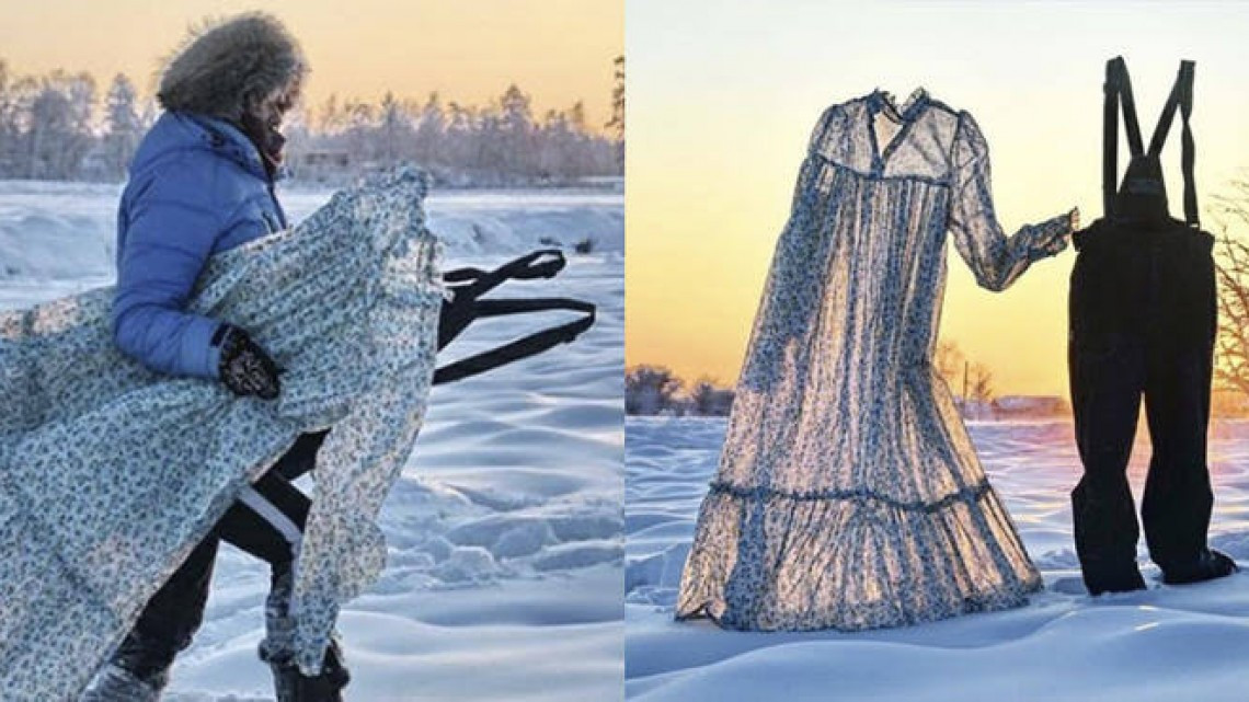 Mujer siberiana fotografía ropa congelada por el frío 